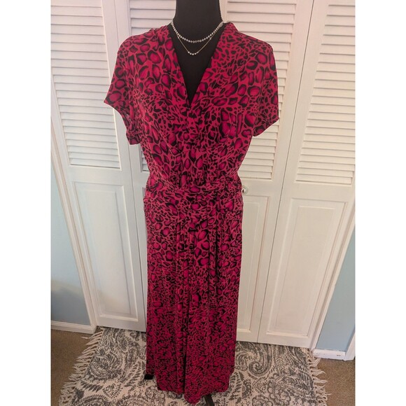 IMAN Maxi Dress Women's 1X Hot Pink Black Liquid Knit Leopard Hi Low Faux Wrap - Picture 1 of 12